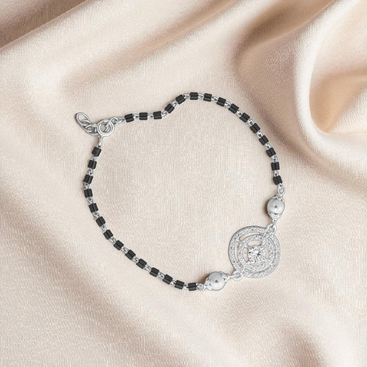 Circular Gun Metal Beaded Hand Mangalsutra - 925 Silver