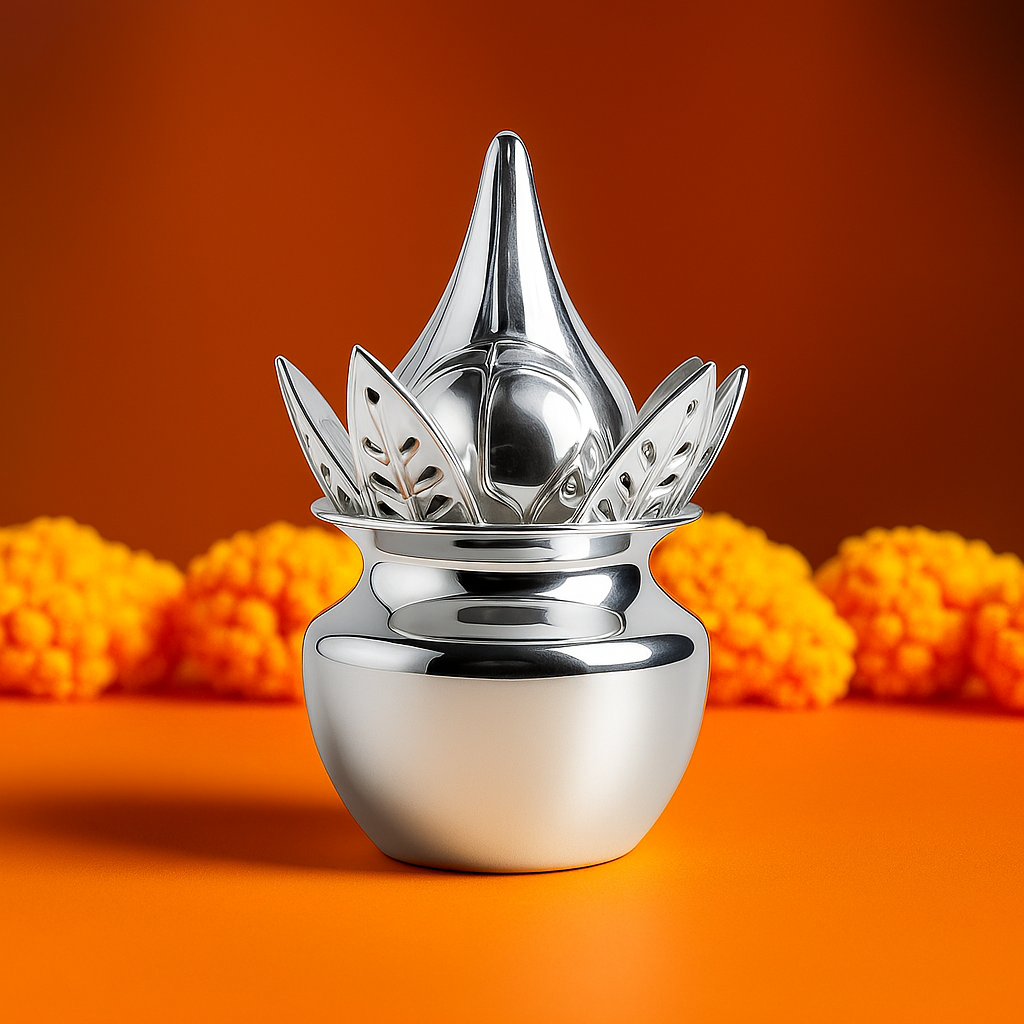 Silver Kalash with coconut and Mango Leaves