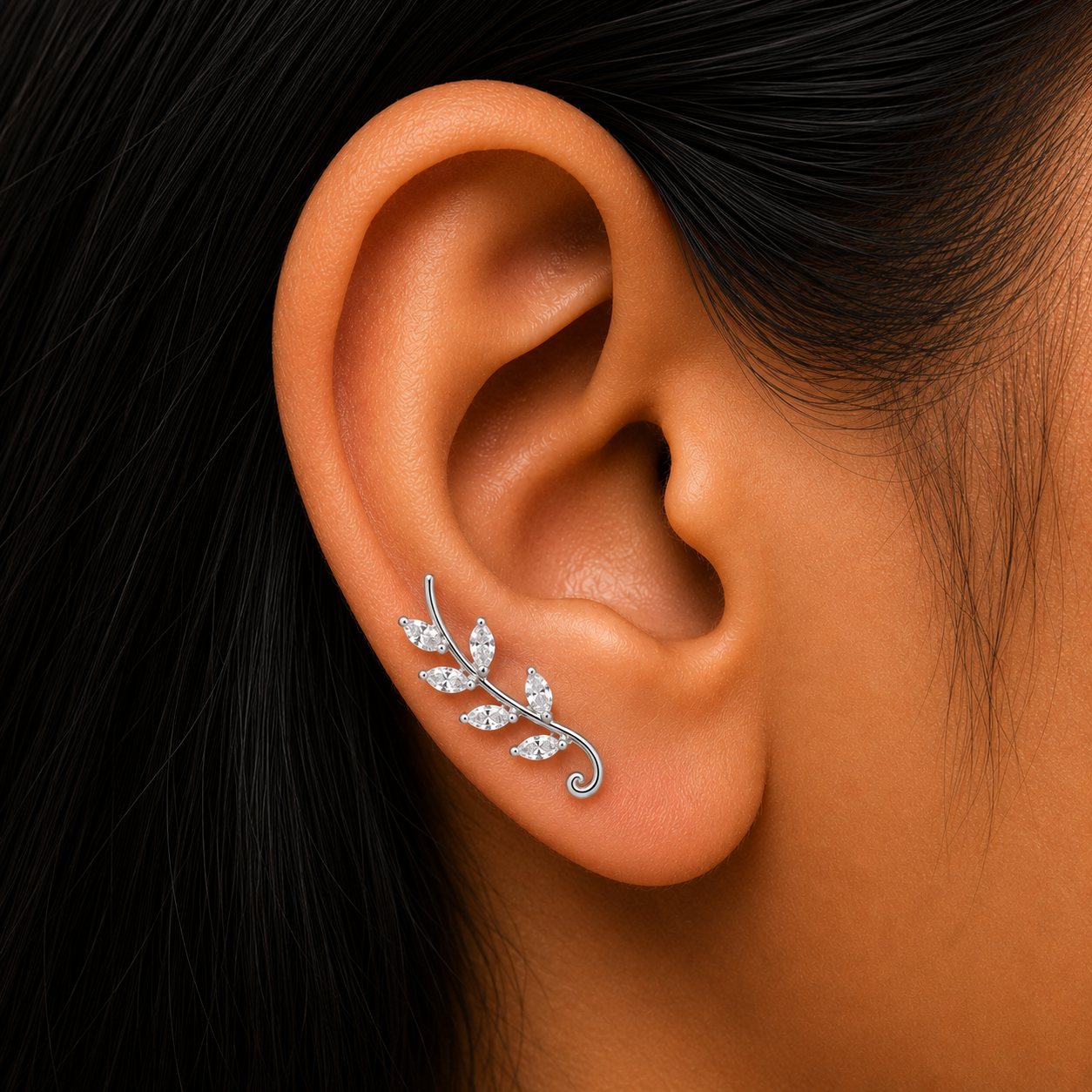 Silver Leafy Ear Cuff Earring  Pair  -  925 Silver