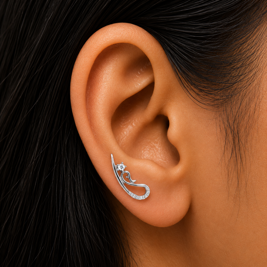 Silver Peacock Shape Ear Cuff Earring Pair    -  925 Silver