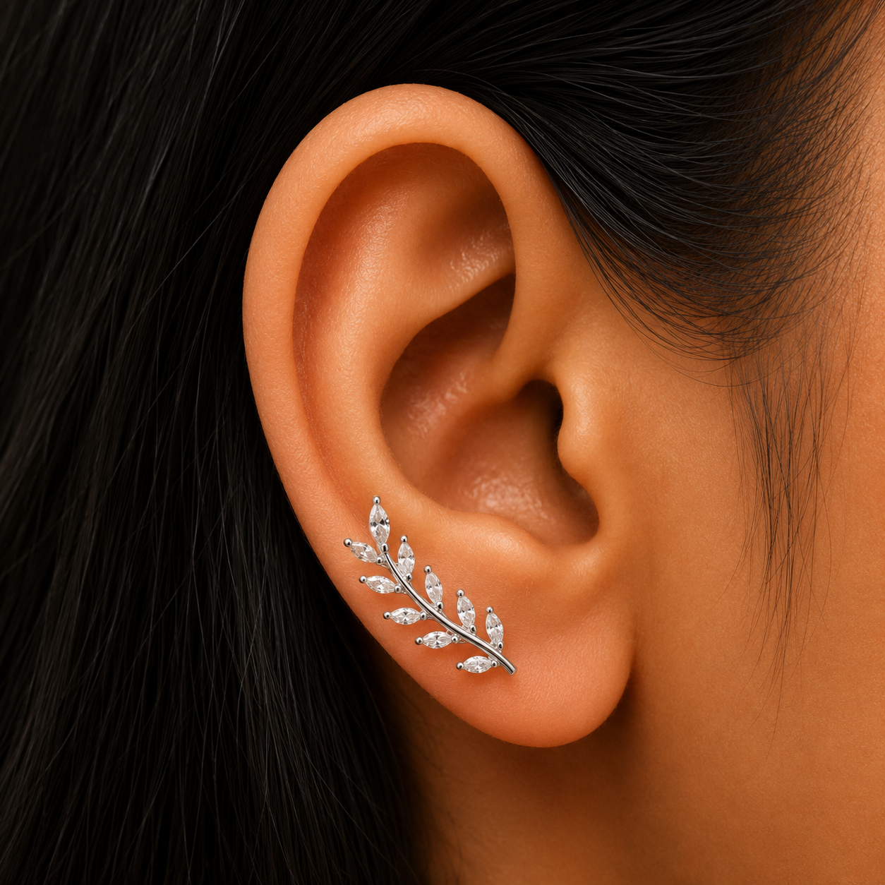 Silver Leaf Ear Cuff Earring Pair  -  925 Silver