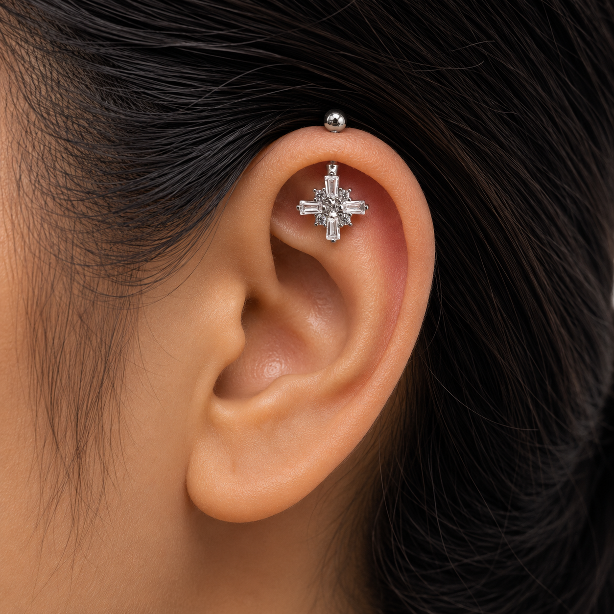 Silver White Crystal Helix Bugadi Earring Pair  -  925 Silver