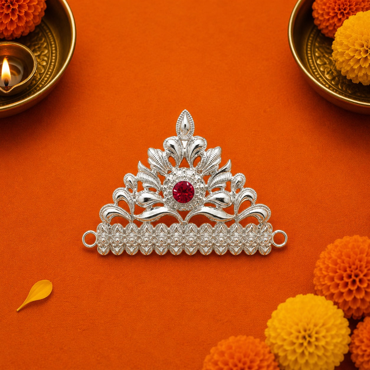Silver Ganpati Mukut Floral Design