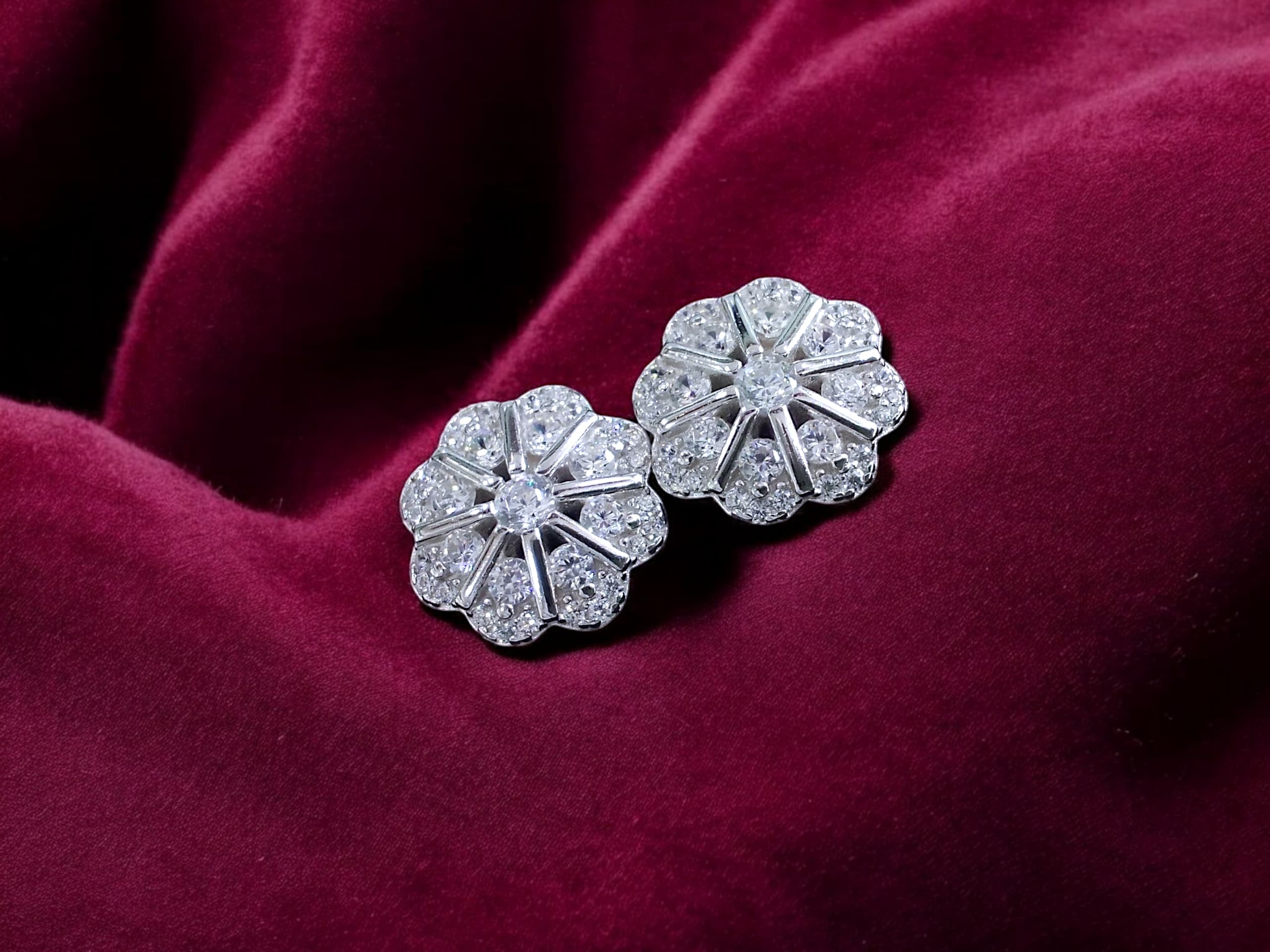Crystal Cut Floral Stud Earrings - 925 silver