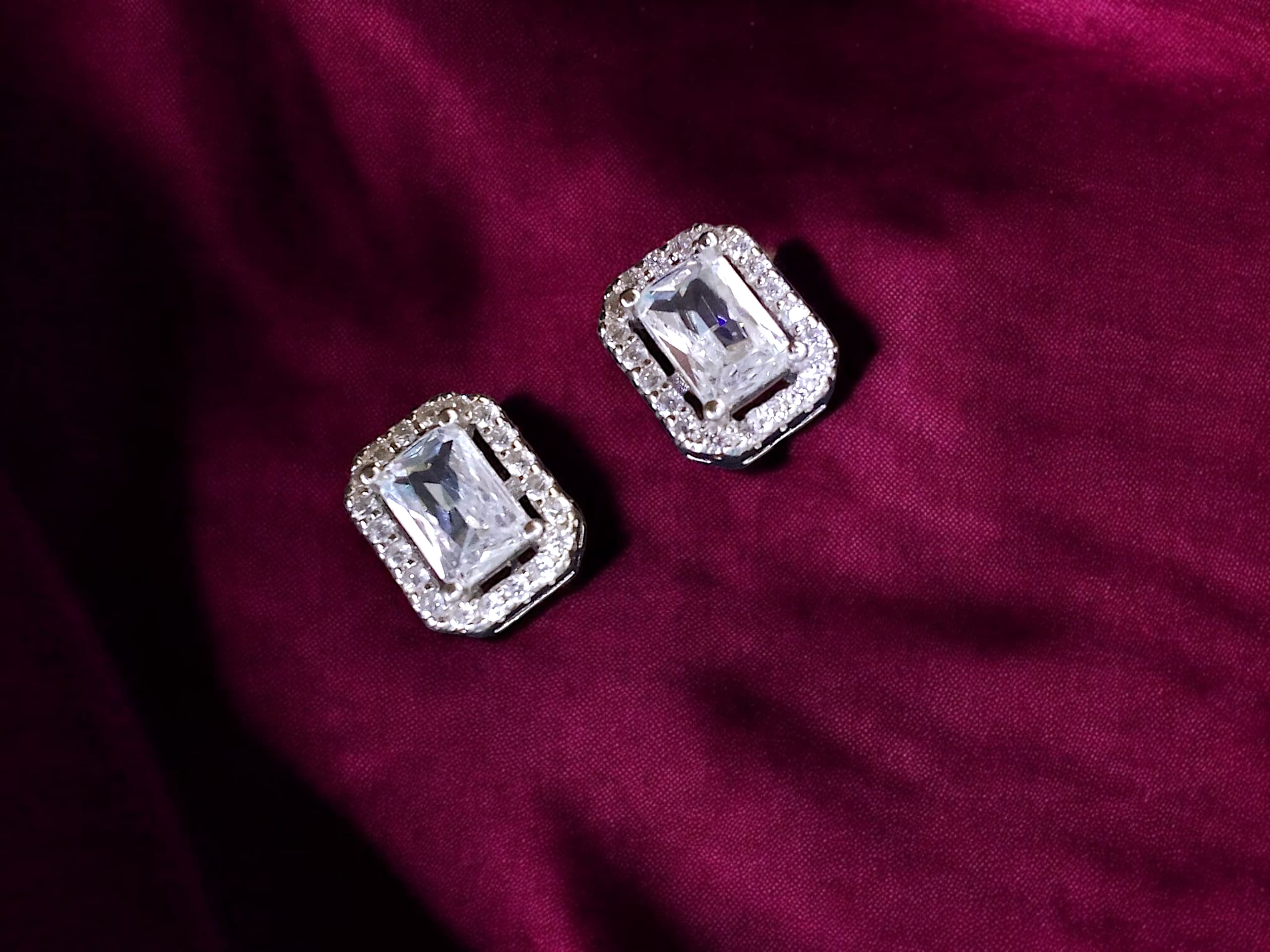 Halo Emerald Cut Stud Earrings - 925 silver