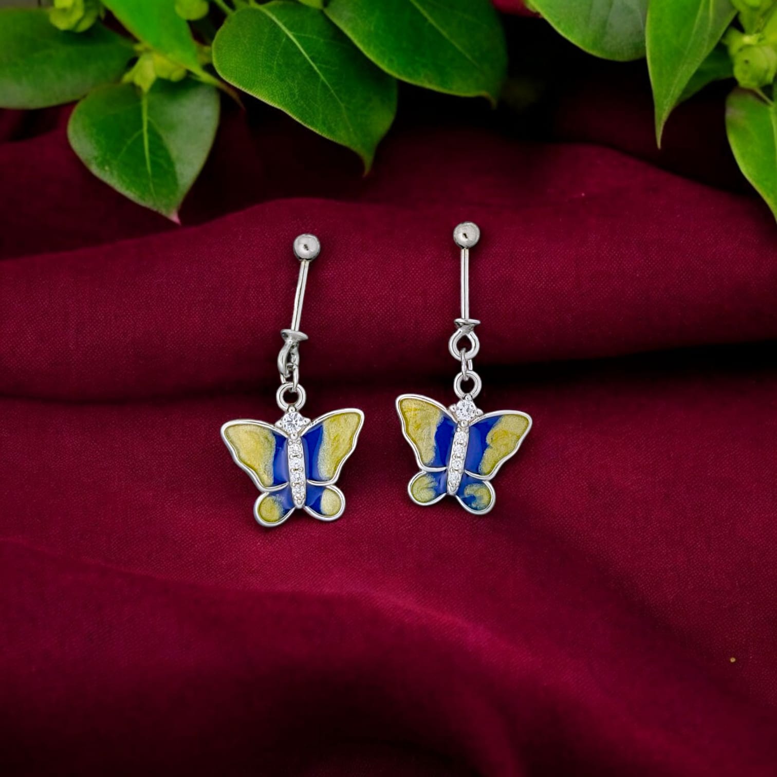 Silver Yellow Butterfly Ball Bugadi Earring