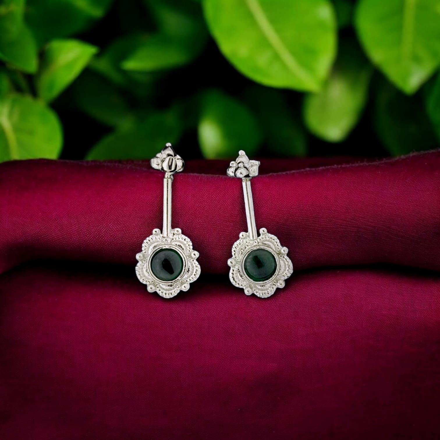 Silver Green Diamond Floral Bugadi Earring
