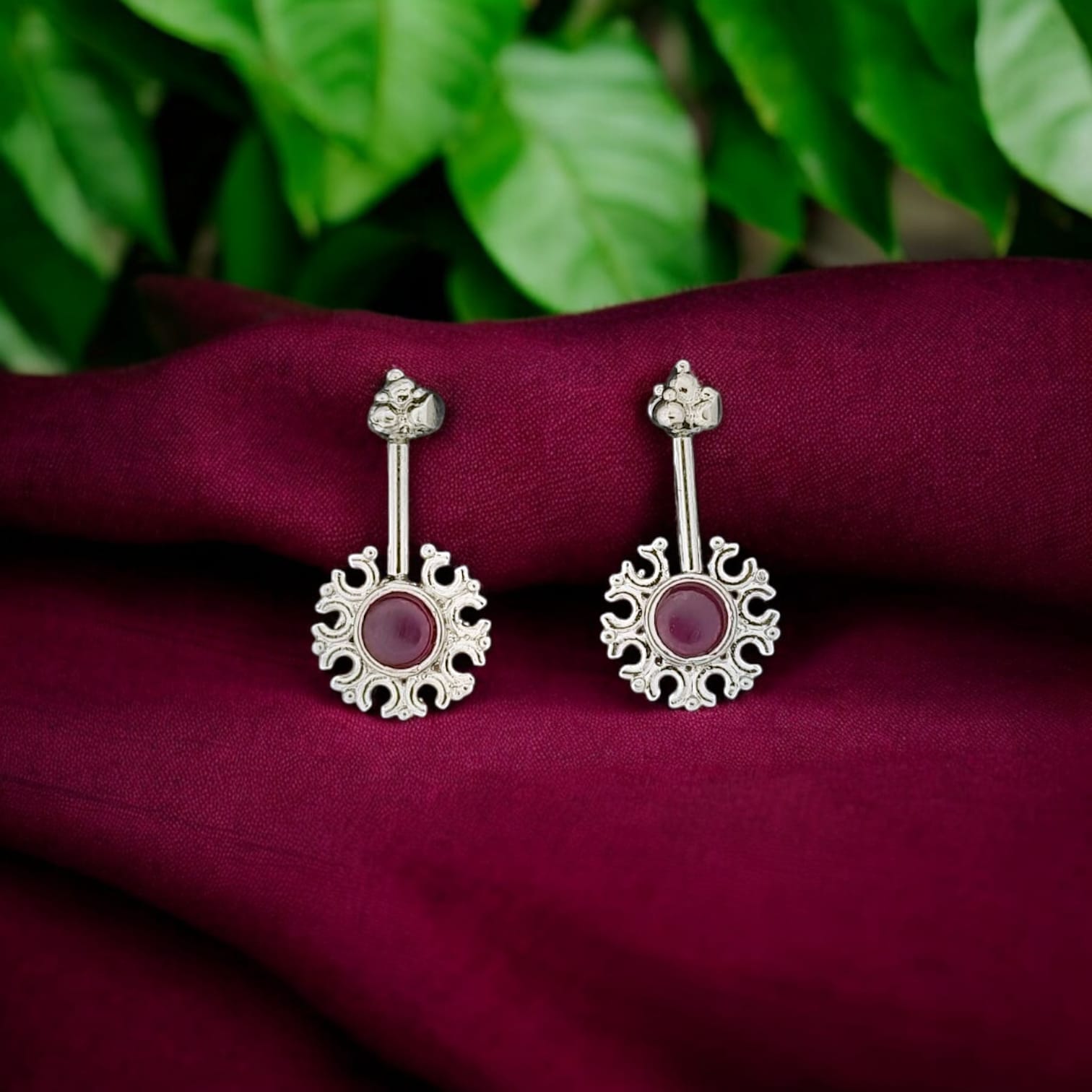 Silver Red Diamond Round Bugadi Earring
