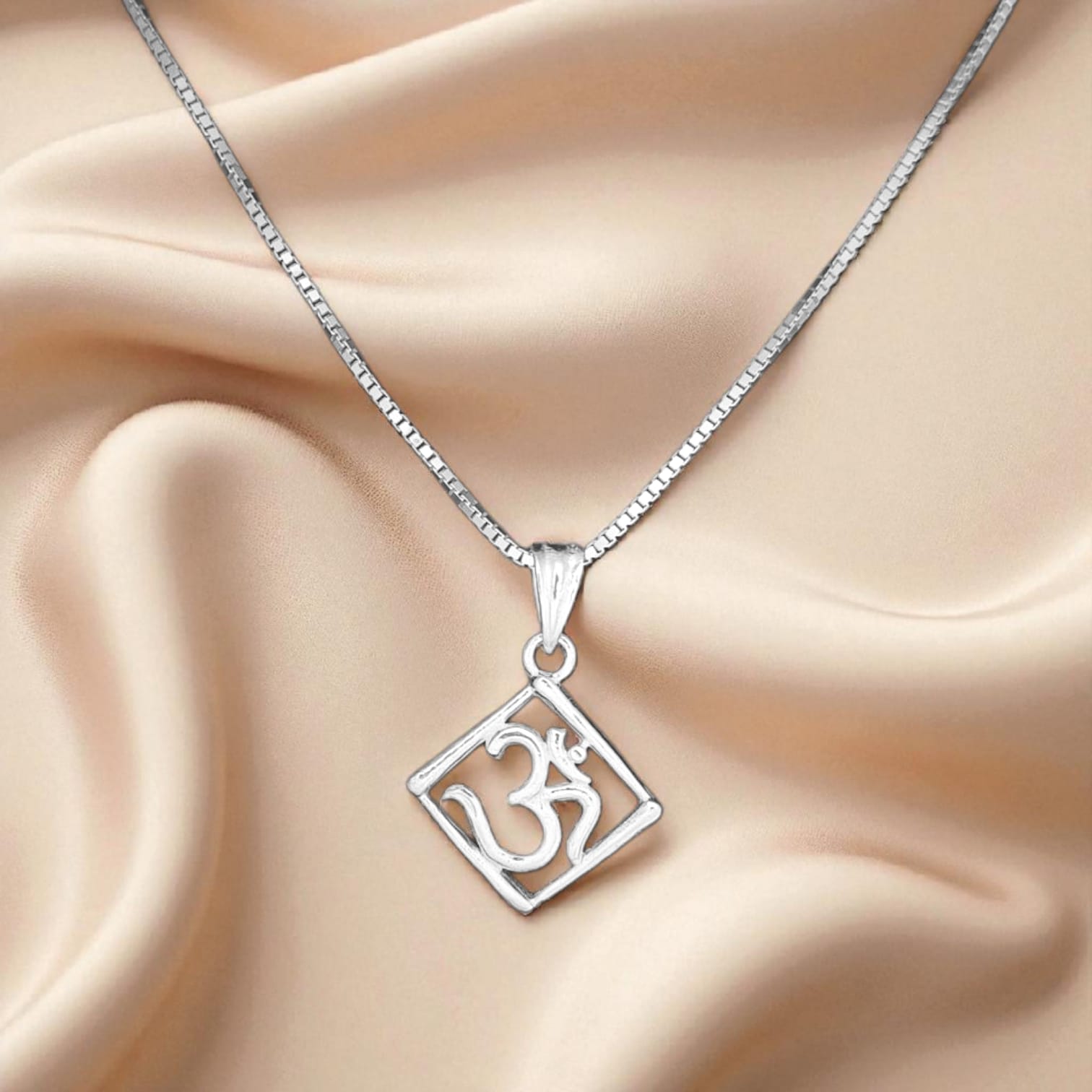 Silver Om Square Pendant with Chain