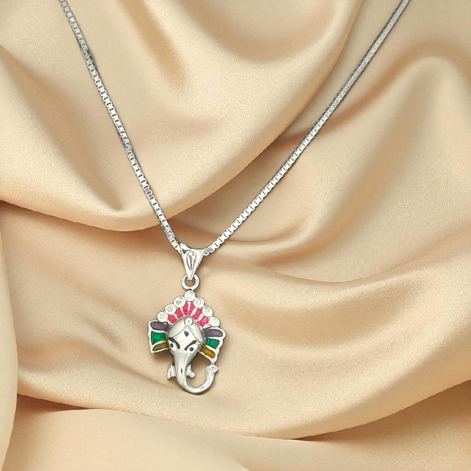 Silver Multi Stud Ganpati Pendant with Chain