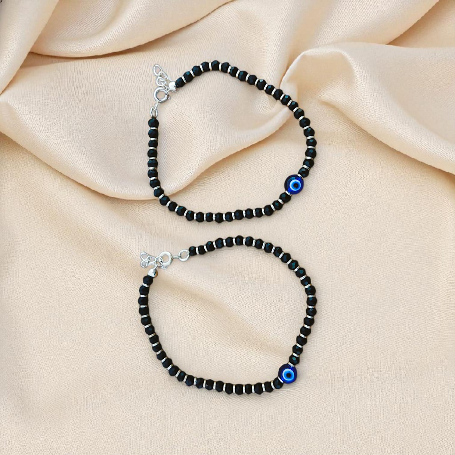 Evil Eye Silver and Black Beaded Baby Nazariya Bracelet  - 925 Silver