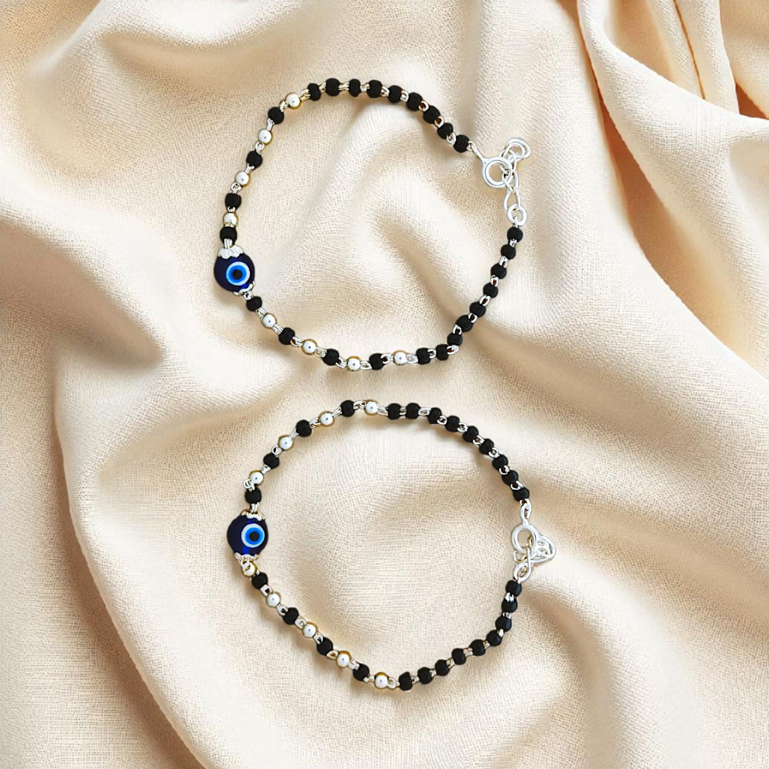 Evil Eye Silver Beaded Baby Nazariya Bracelet  - 925 Silver