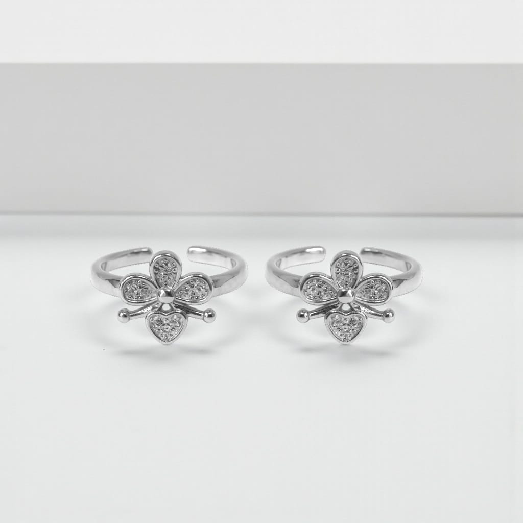 Fancy White zircon Floral Toe RIng of Pair-925 Silver