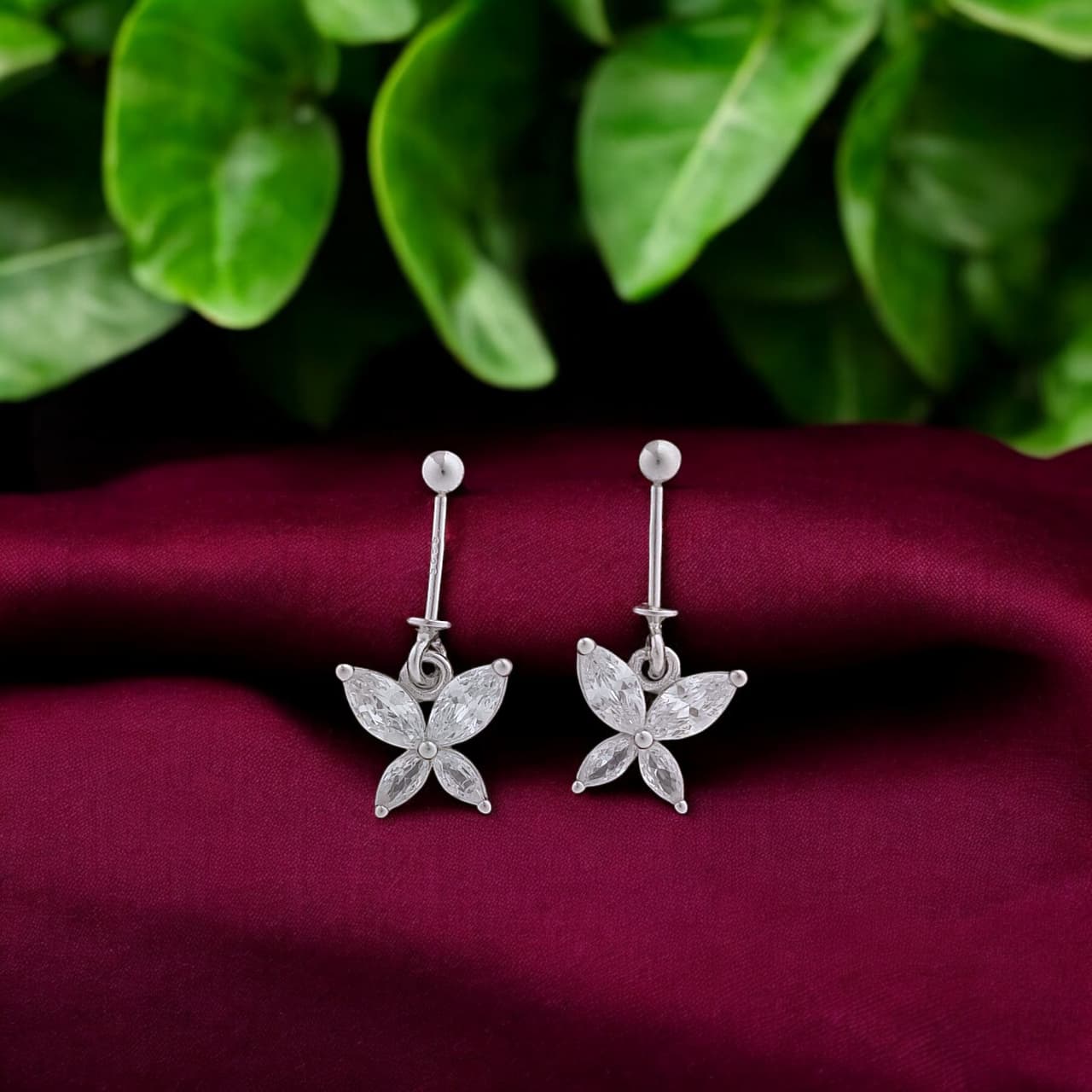 Silver Crystal Butterfly Hanging Bugadi Earrings