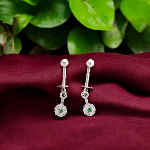 Silver Fancy Green Round Diamond Hanging Bugadi Earrings