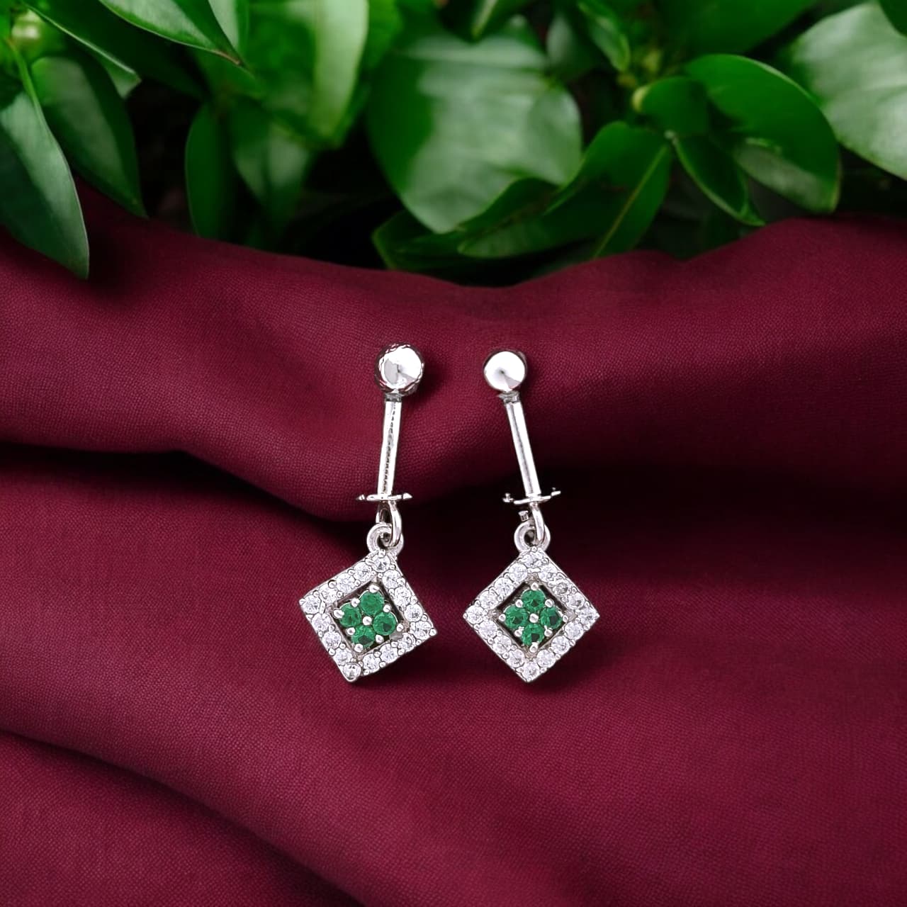 Silver Fancy Green Kite Diamond  Bugadi Earrings