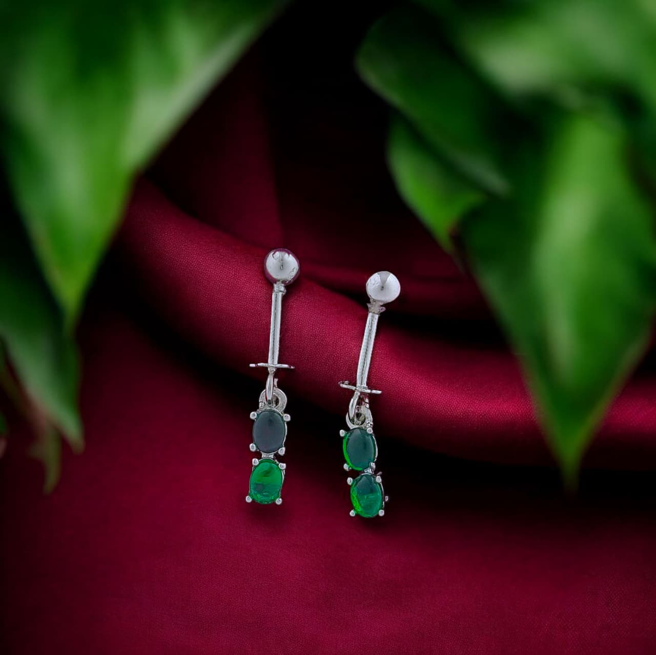 Silver Green Diamond Hanging Bugadi Earrings