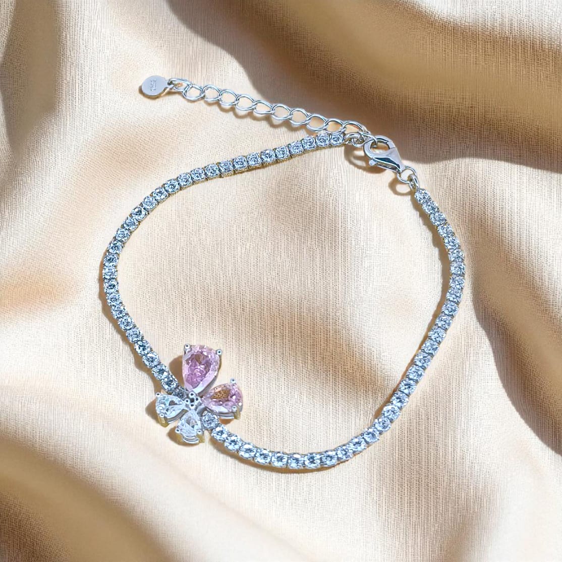 Butterfly Romantic White And Pink Diamond Silver Bracelet For Women