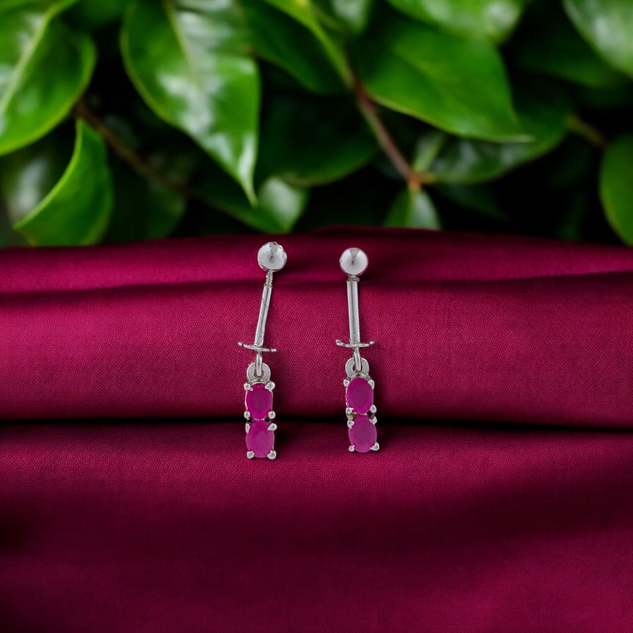 Silver Red Diamond Hanging Bugadi Earrings