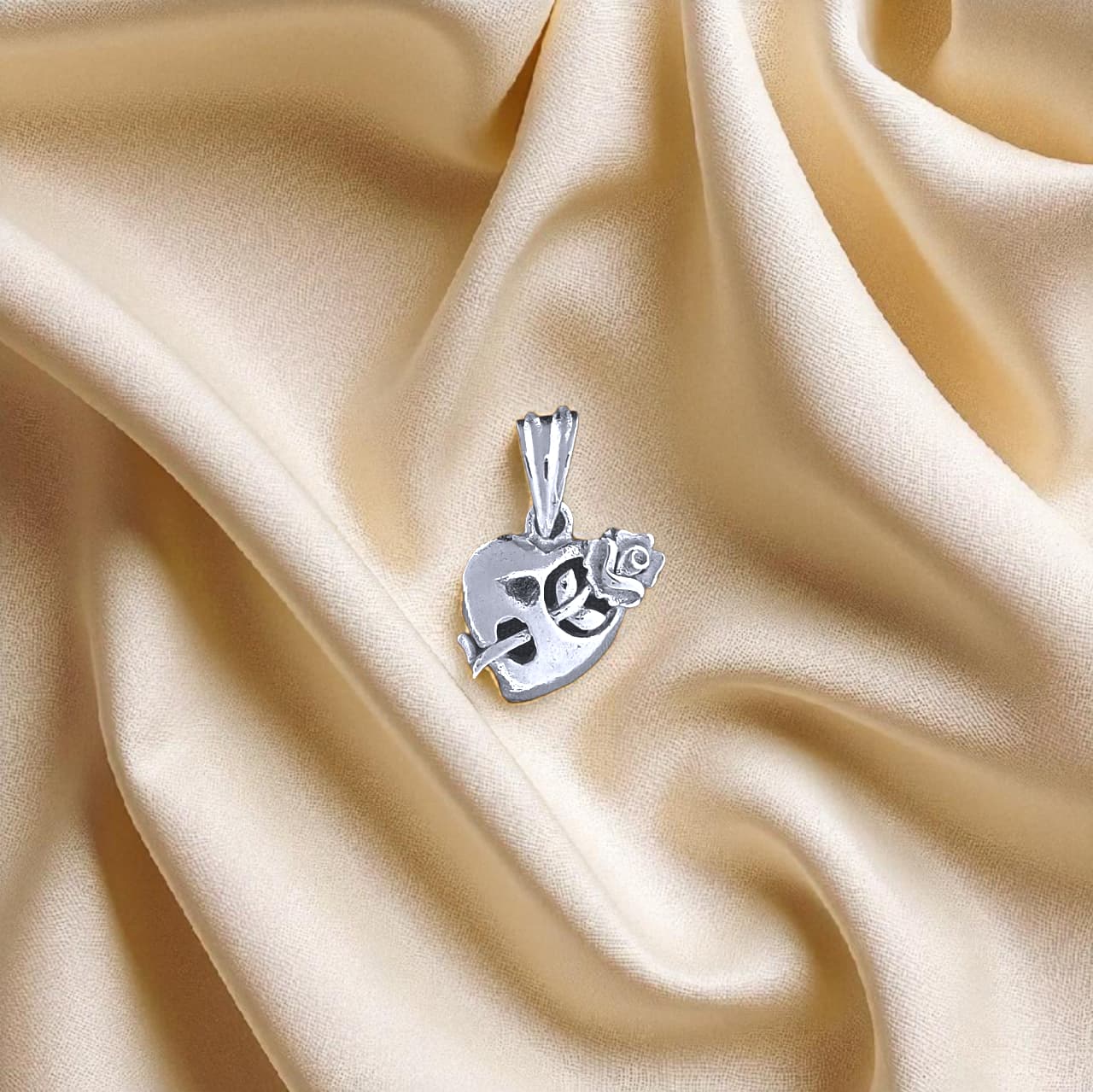 Silver Heart Pendant With Rose For Women