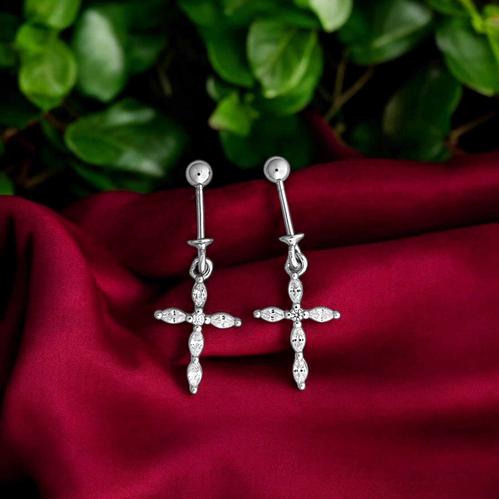 Silver Gothic Crystal Cross Bugadi Earrings