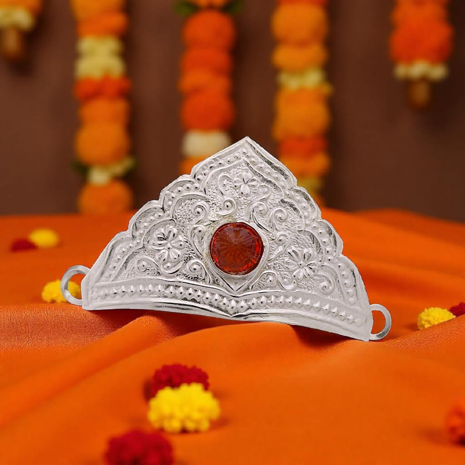 Silver Crown(Mukut) With Red Diamond