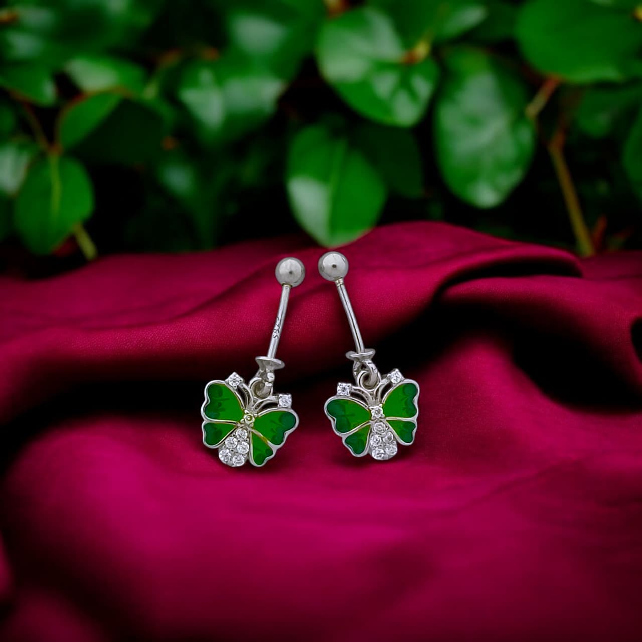 Silver Green Butterfly With Diamond Bugadi Earrings