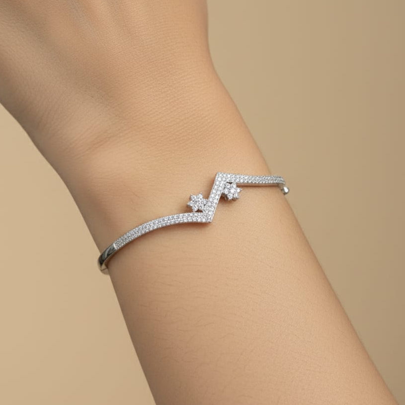 Floral white stone Adjustable Bangle/Bracelet for Women-925 Silver