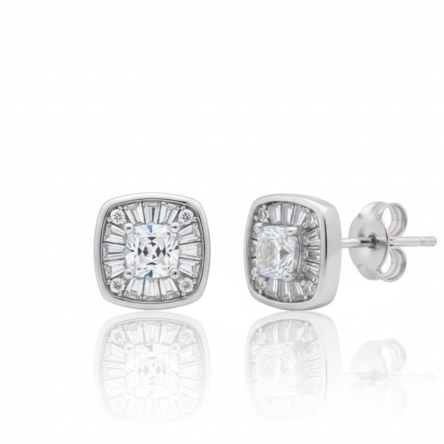 Square shape white crystal Stud Earring Pair-925 Silver
