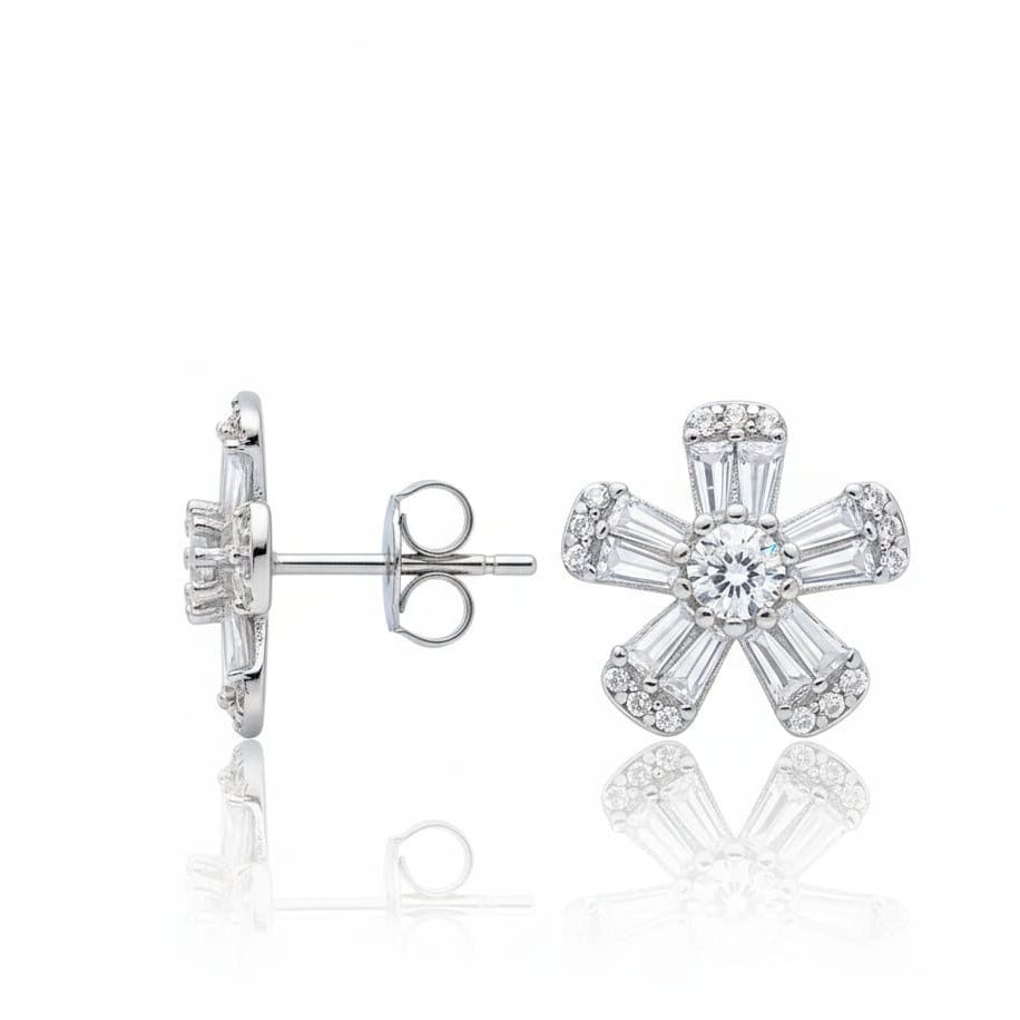 White crystal Flower Stud Earring Pair-925 Silver