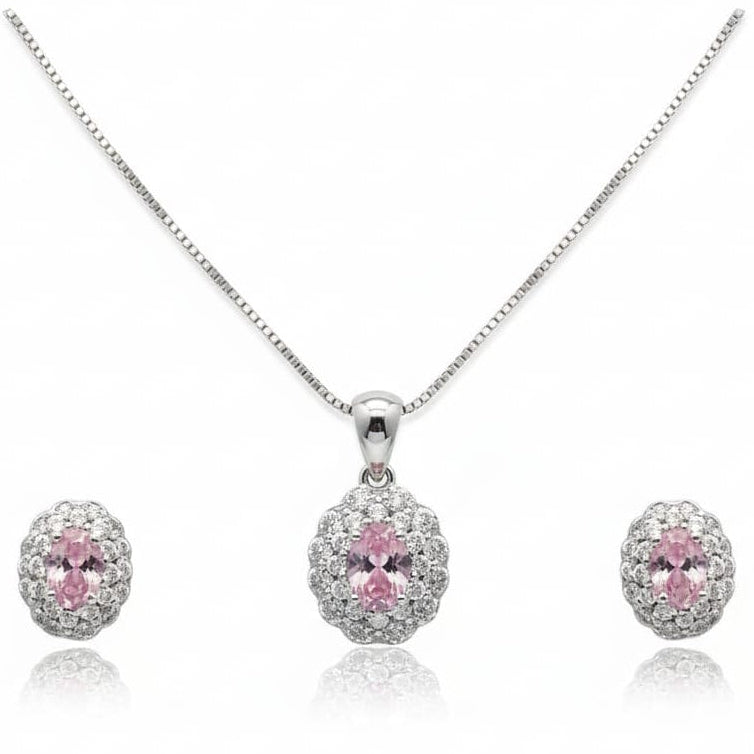 Pink ovel crystal Halo pendant set earring with Chain-925 Silver