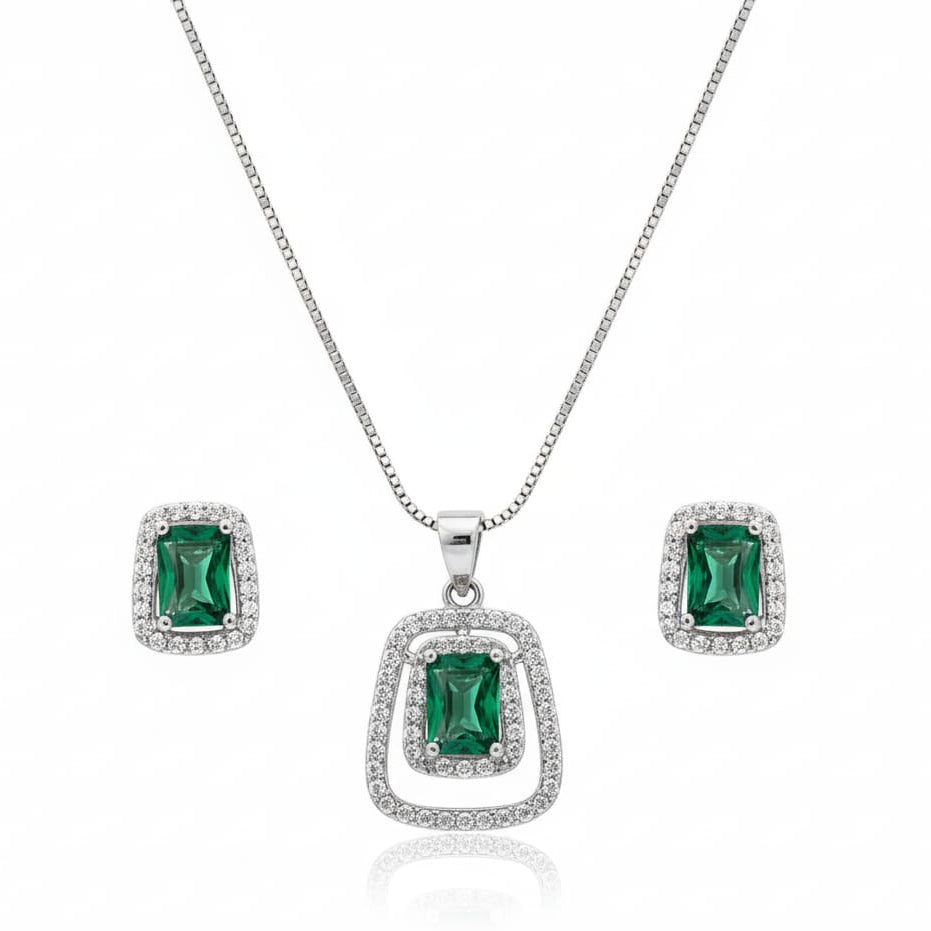 Green sqaur crystal pendant set earring with chain-925 Silver