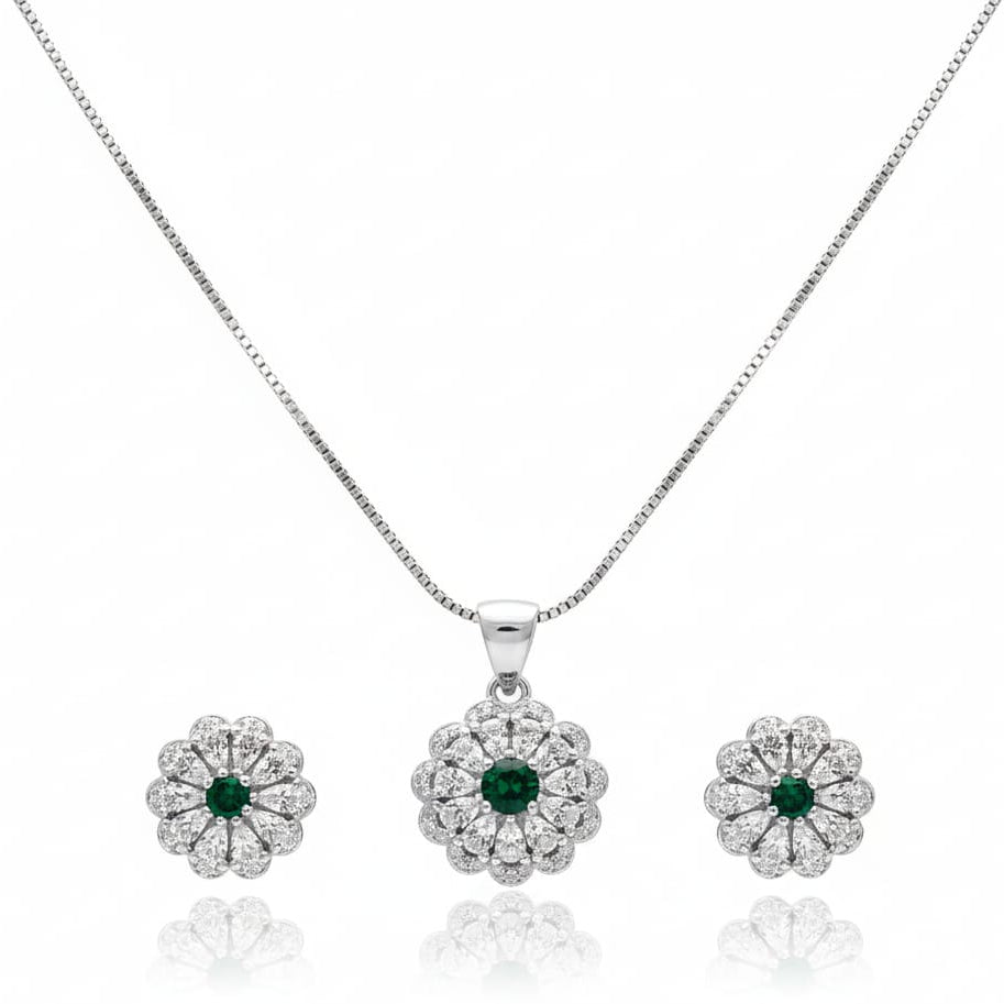 Green floral crystal Halo pendant set Earring with chain-925 Silver
