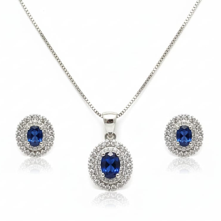 Blue Ovel crystal Halo pendant set Earring with Chain-925 Silver