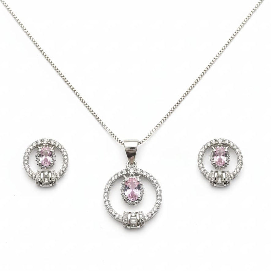 Pink ovel  crystal Round halo pendant set Earring with Chain-925 Silver
