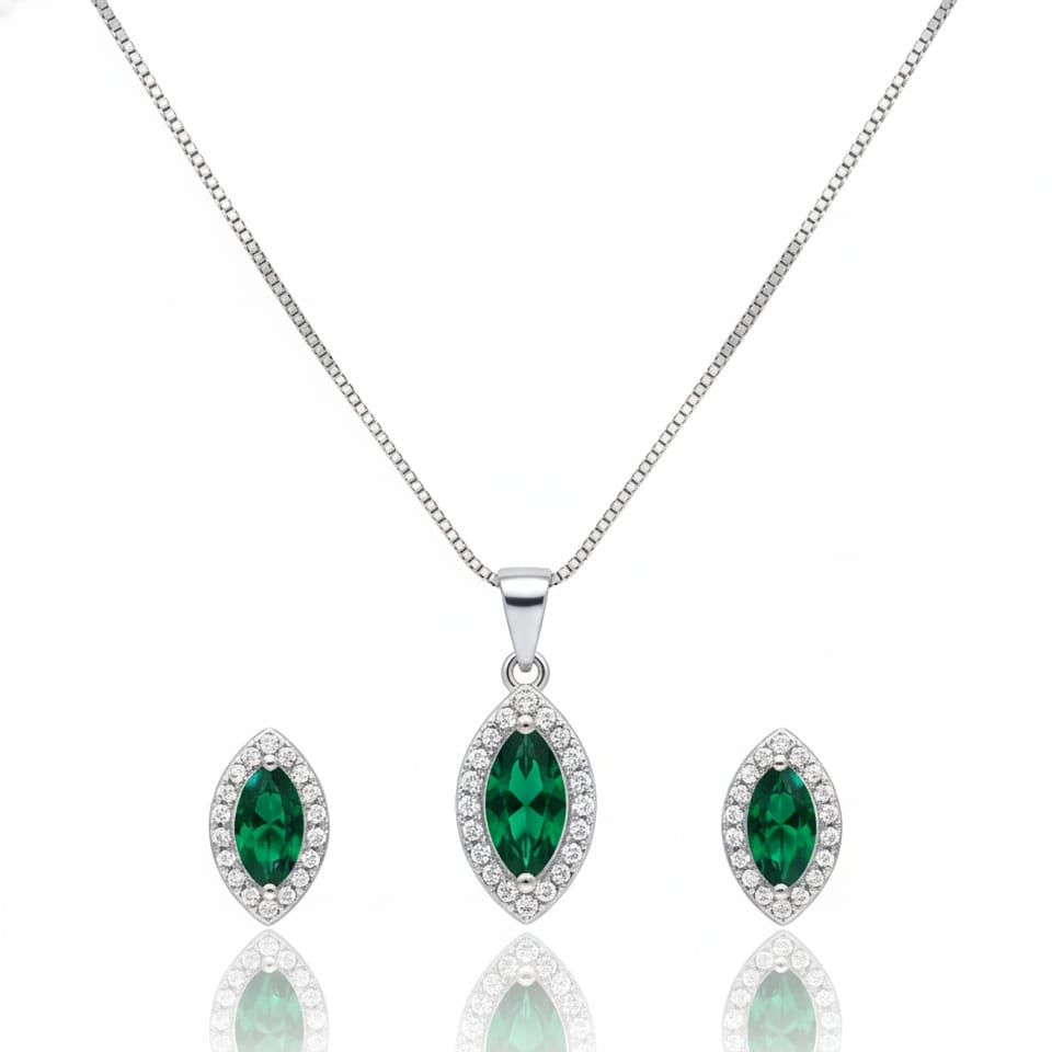Green Dimond Halo pendant set Earring with chain -925 Silver
