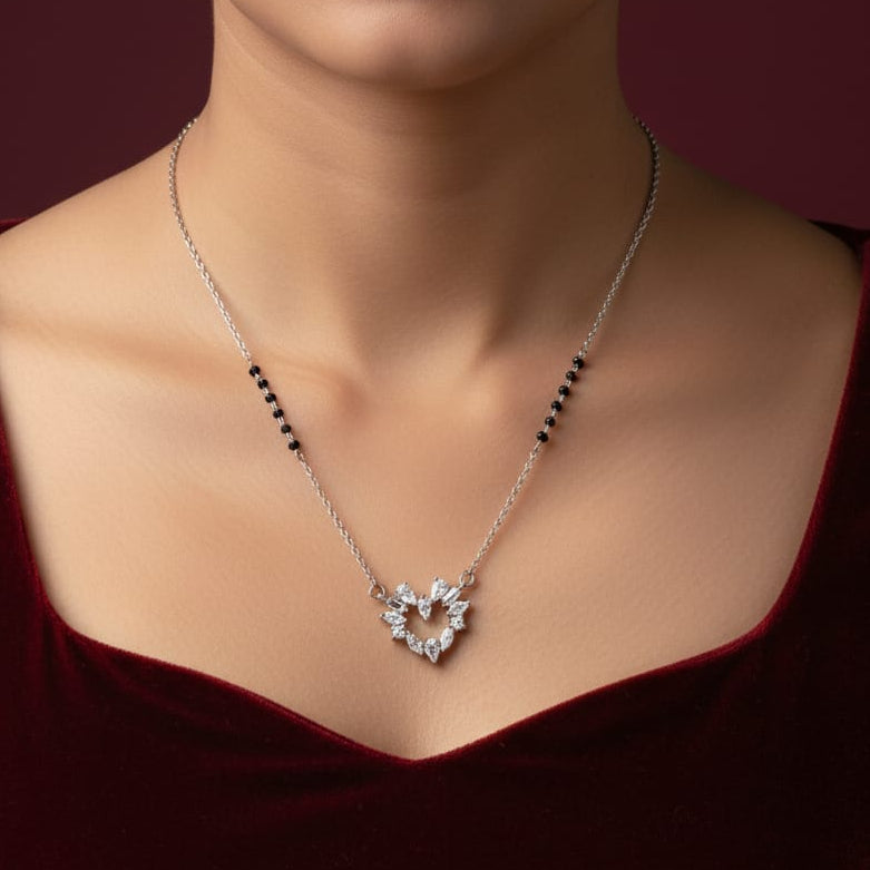 Heart shape white crystal with black beads Mangalsutra-925 Silver