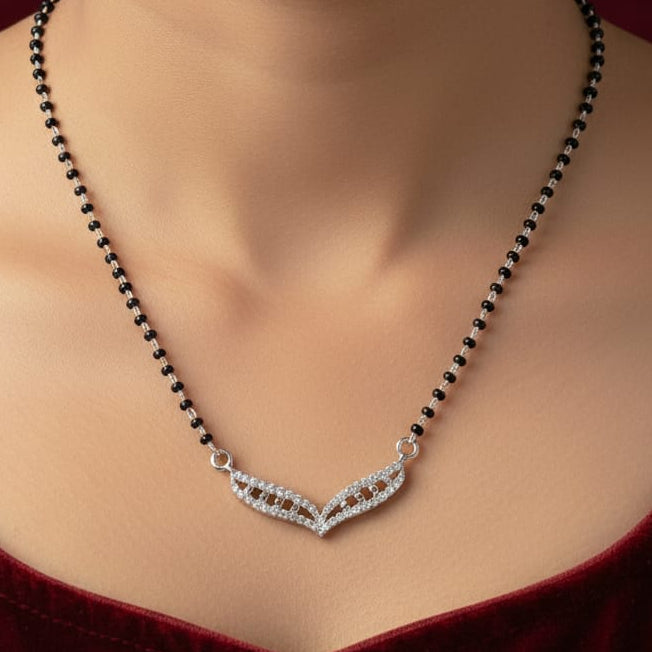 Leafy style pandant with Black beaded chain Mangalsutra for women-925 Silver