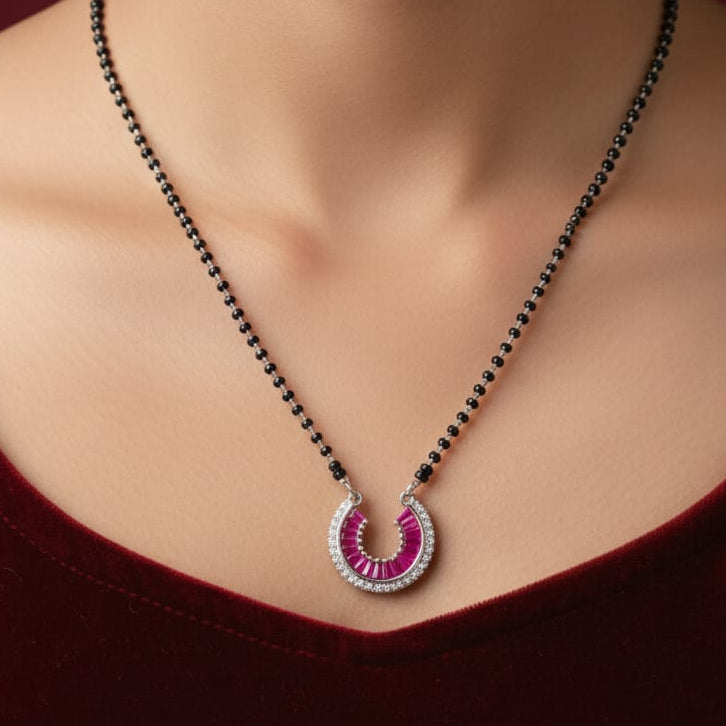 REd white stone pandant with black beaded Mangalsutra for women-925 Silver