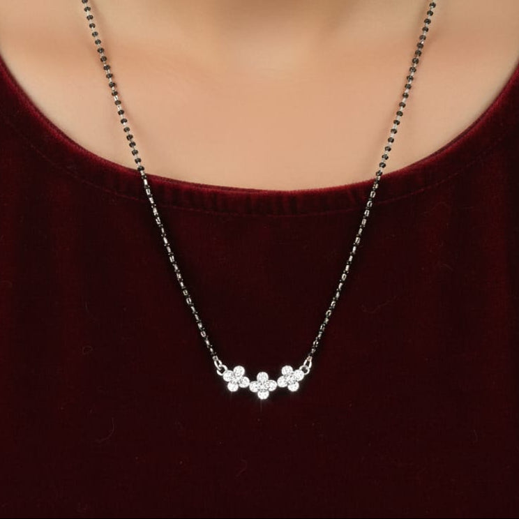 Tri flower padent with black Beaded Mangalsutra for Women-925 Silver