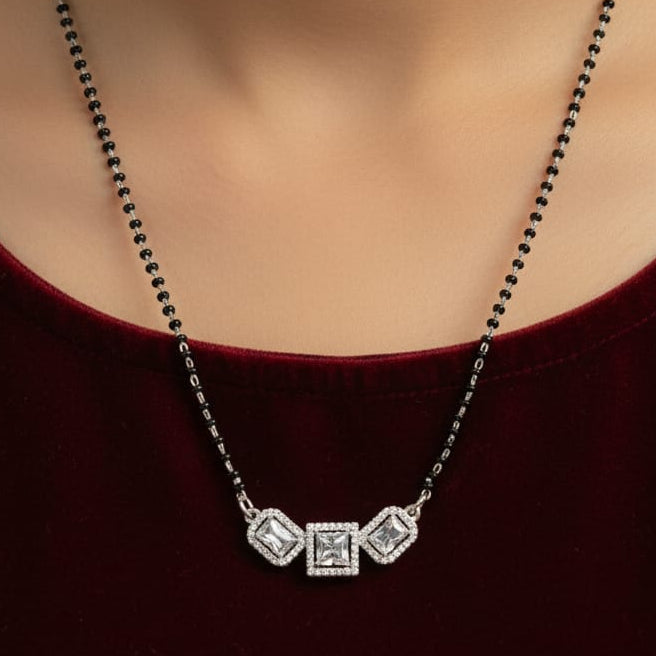 Tri Stone pandant with black beaded Mangalsutra for women-925 Silver