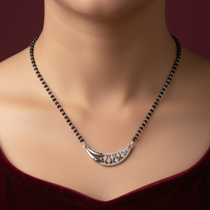 Moon phase pandant with black beaded thread Mangalsutra for women-925 Silver