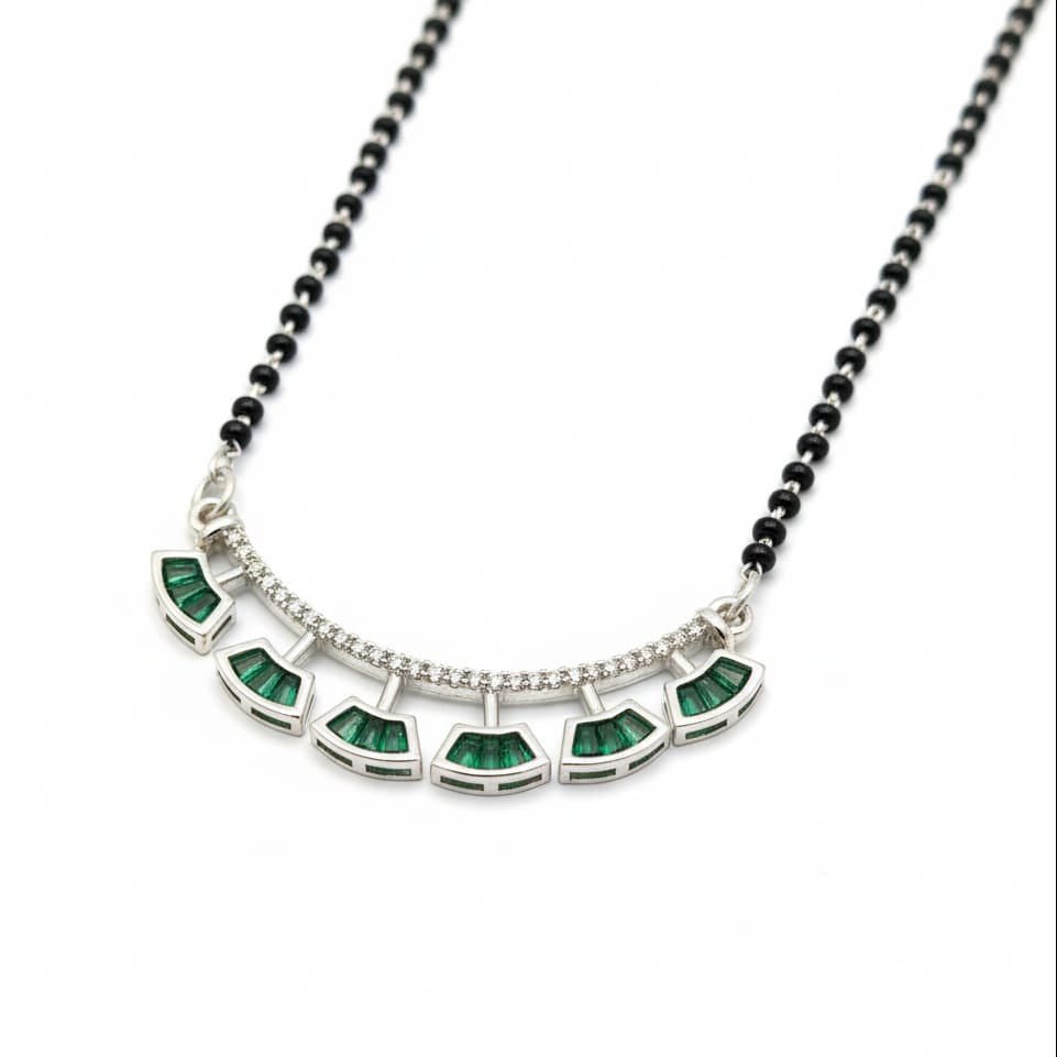 Green Stone pandant with Black beaded Mangalsutra For Women-925 Silver