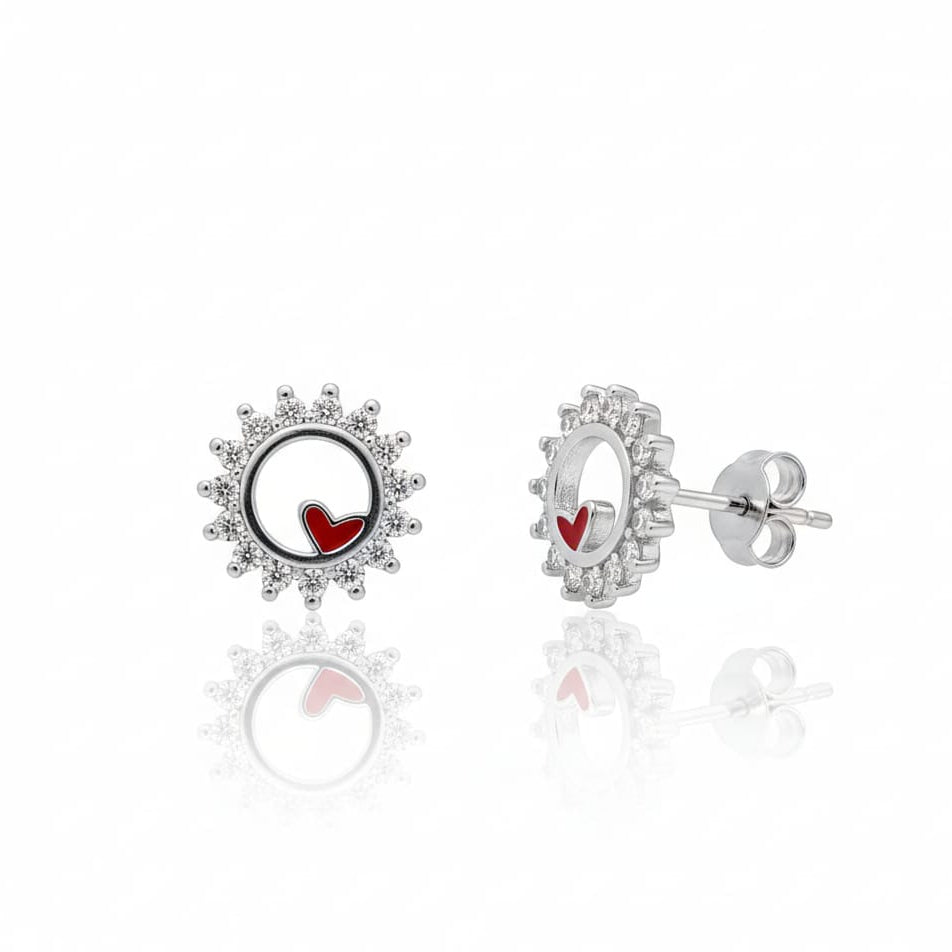 Red heart round Stud Earring pair for women&Girl-925 Sterling Silver