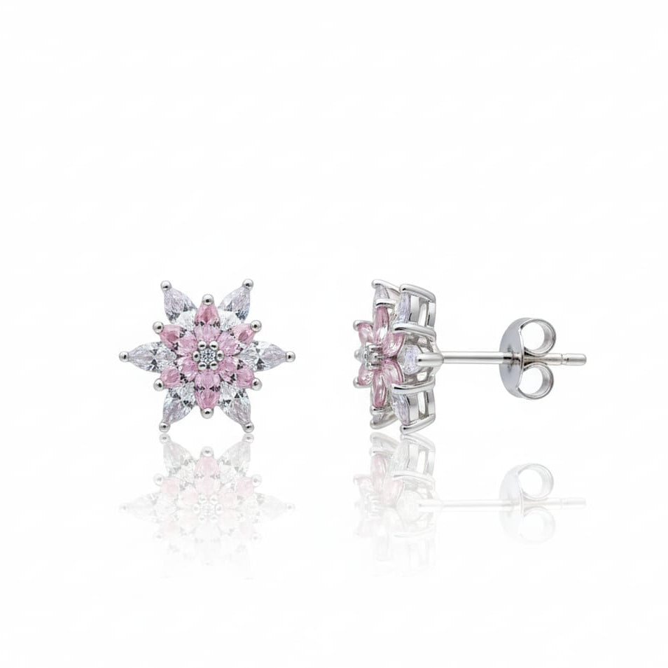 Pink White Flower Stud Earring-925 Sterling Silver