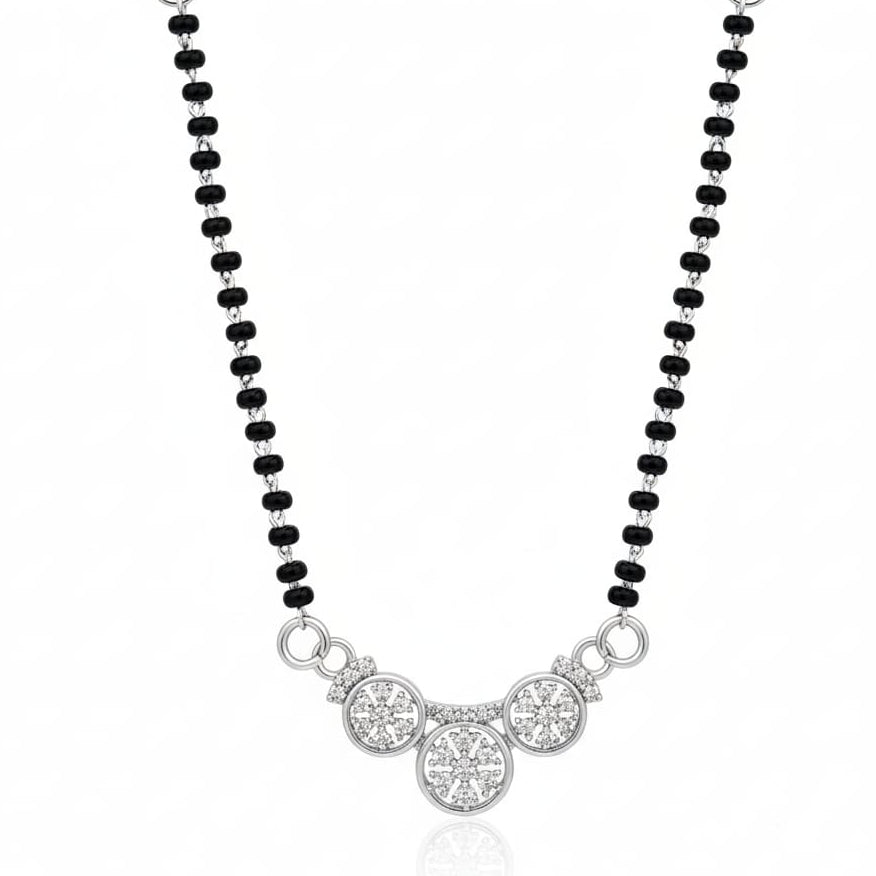 TRI Round cz pandant with Black beaded Mangalsutra For Women-925 Silver
