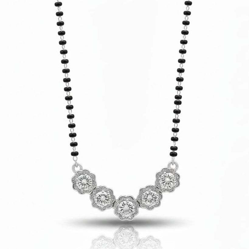 Five stone flower pandent with black beaded Managalsutra -925 Silver