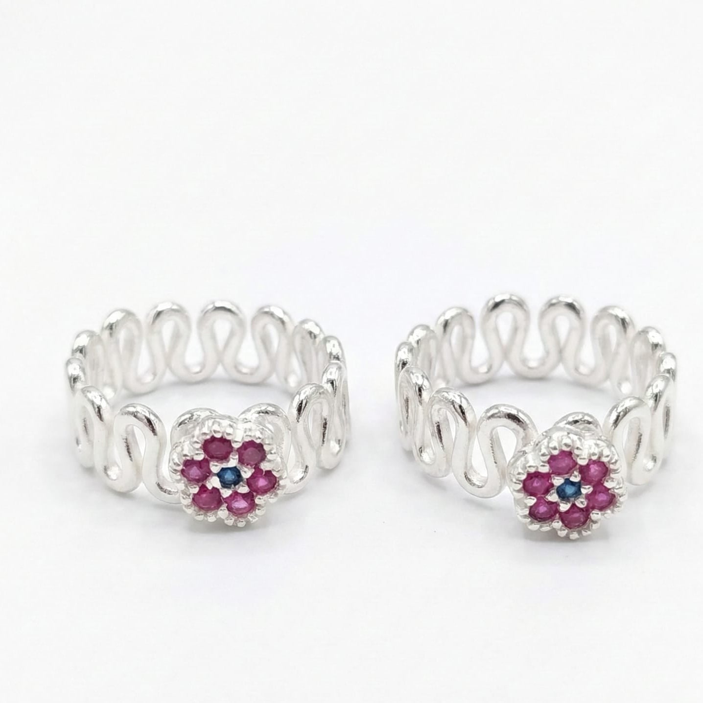 Red zircon flower ZIG ZAG Toe Ring of Pair-925 Silver