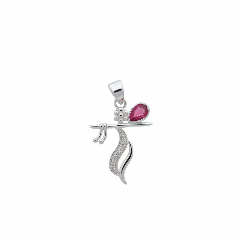 Krishna Flute Red white Stone Pendant-925 Silver