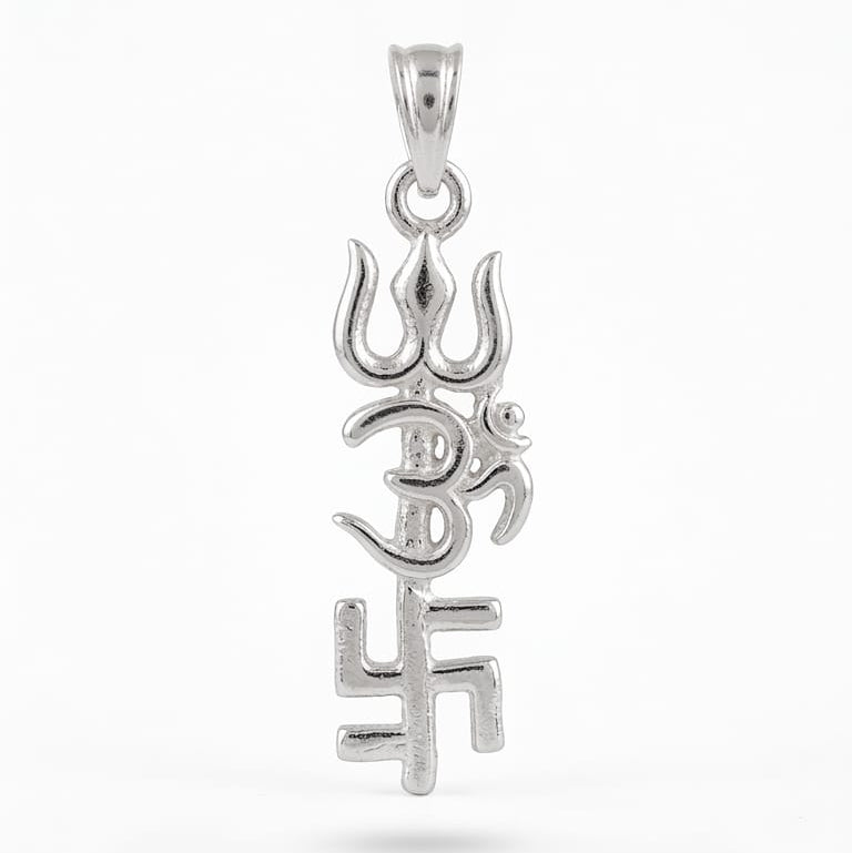 Trishul Om Swastik Silver pendant - 925 silver